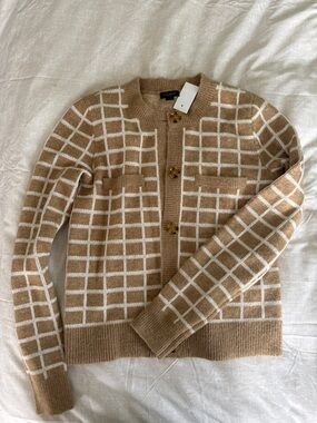 Ann Taylor Factory Camel and White Windowpane Cardigan